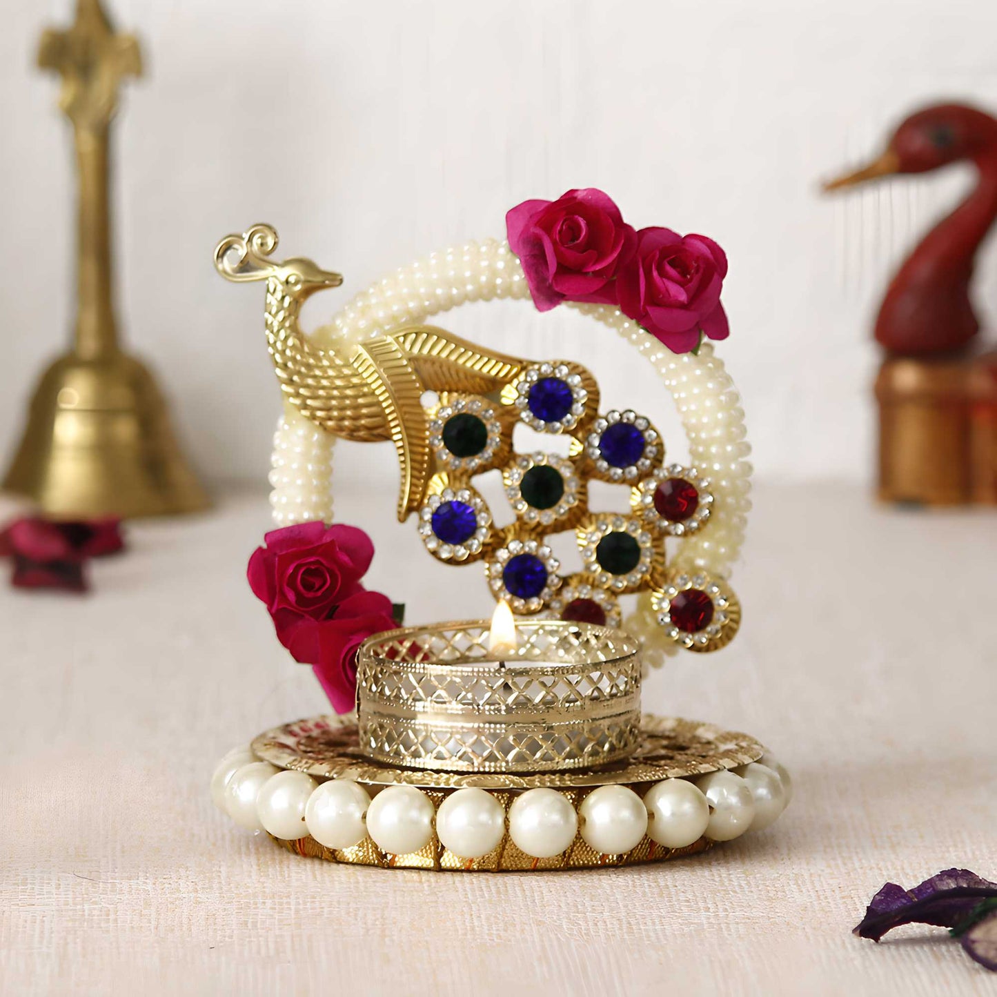 Handcrafted Peacock With Stones Tea Light Holder