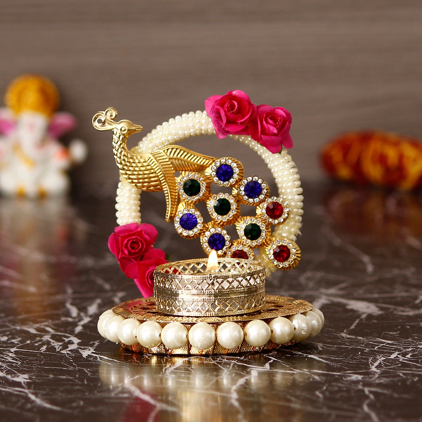 Handcrafted Peacock With Stones Tea Light Holder