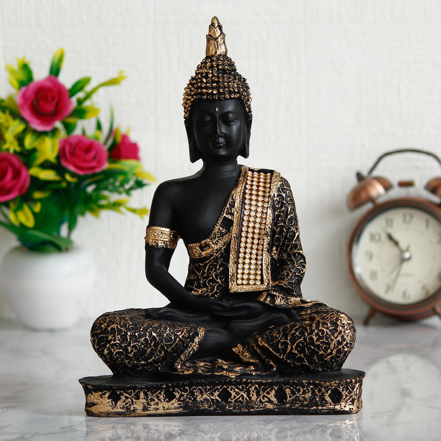 Black and Golden Meditating Lord Buddha Showpiece