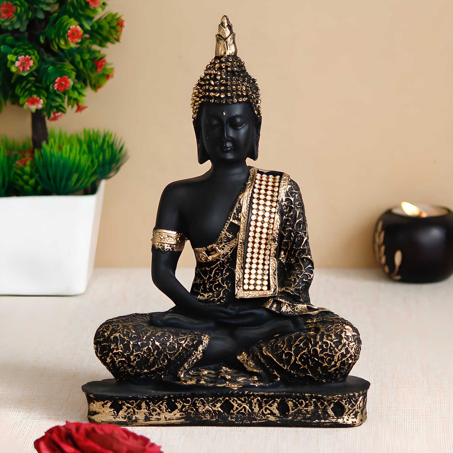 Black and Golden Meditating Lord Buddha Showpiece