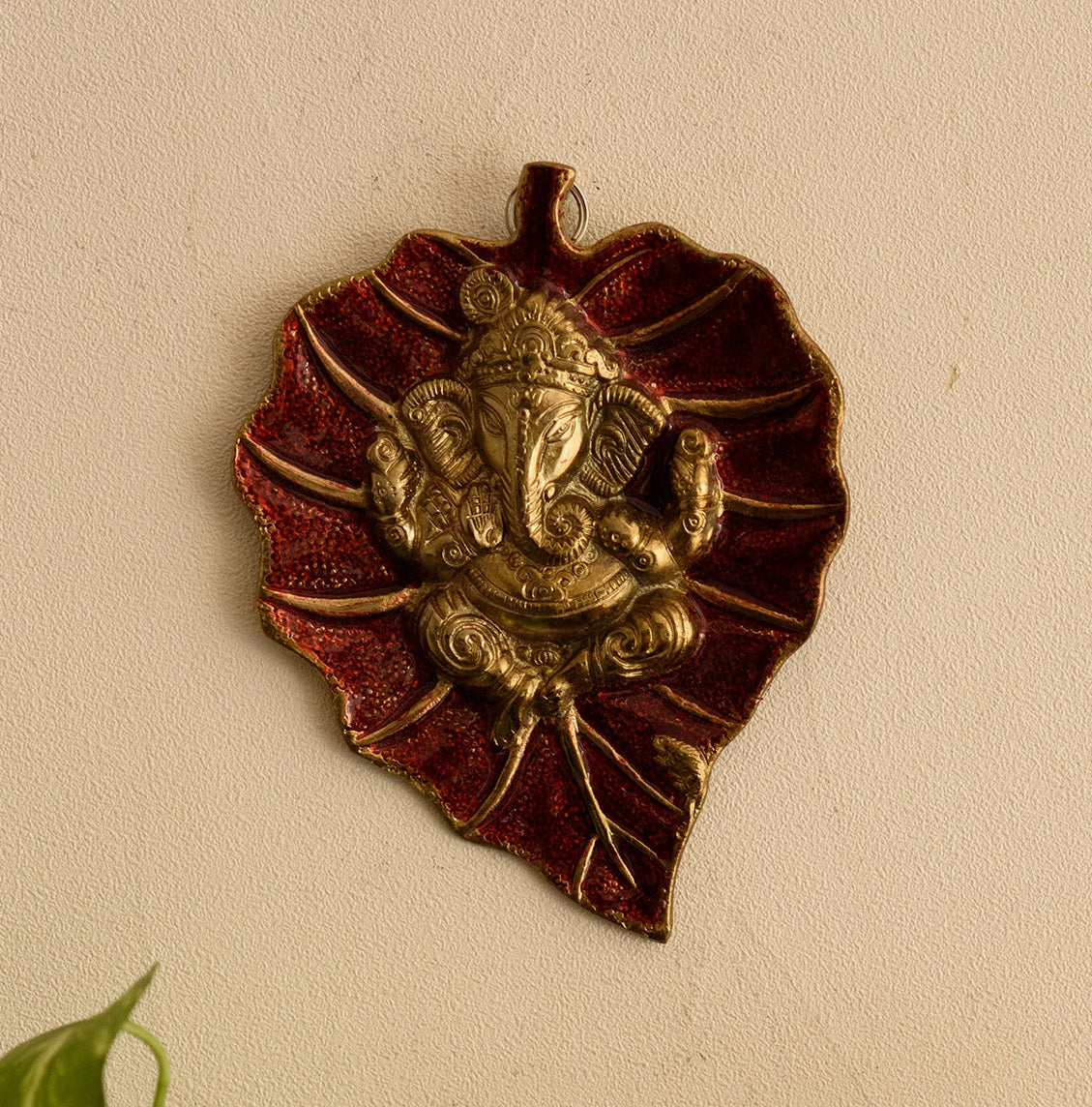 Lord Ganesha on Red Leaf Wall Hanging