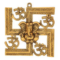 Lord Ganesha on Om Swastik Golden Wall Hanging