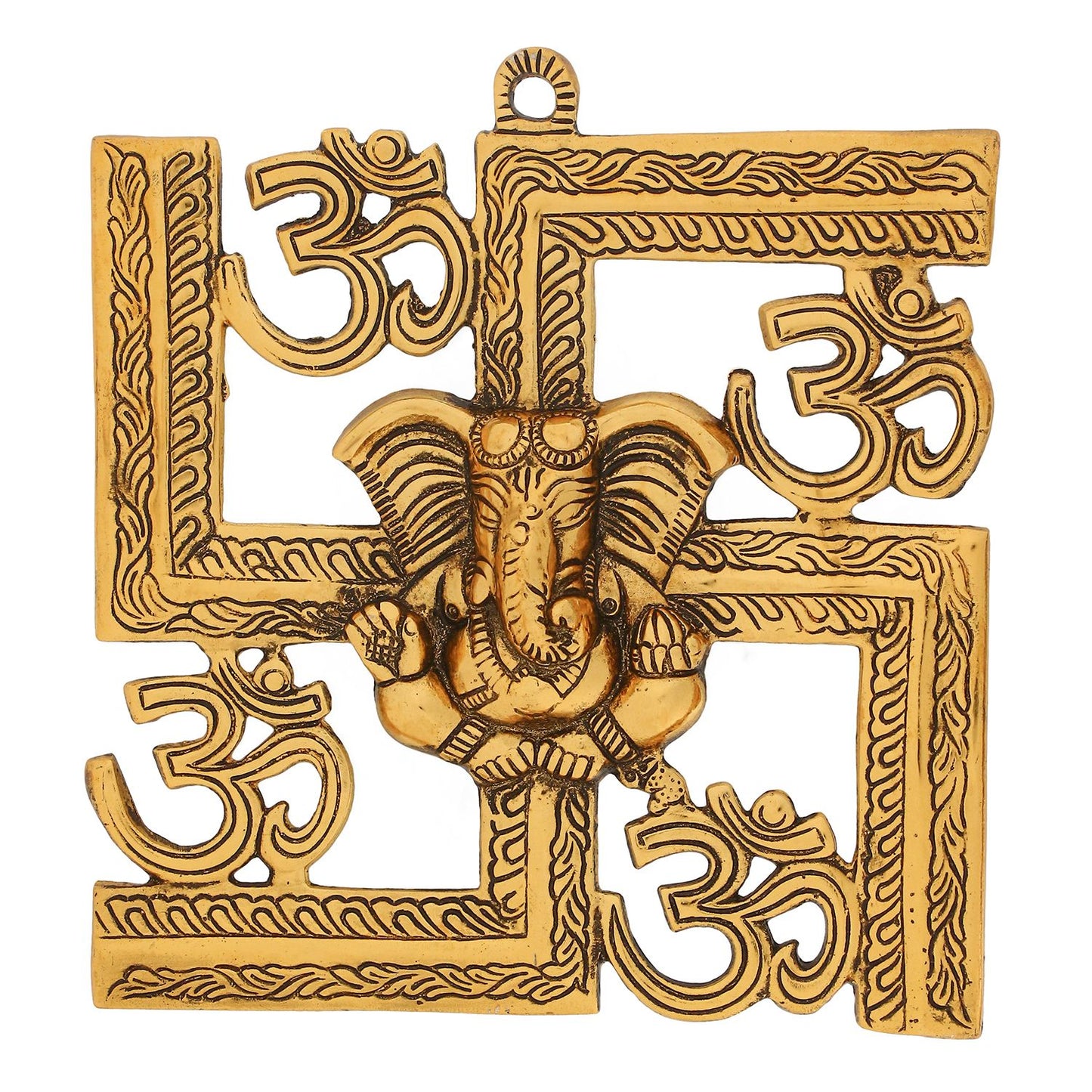 Lord Ganesha on Om Swastik Golden Wall Hanging