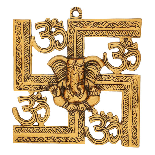 Lord Ganesha on Om Swastik Golden Wall Hanging