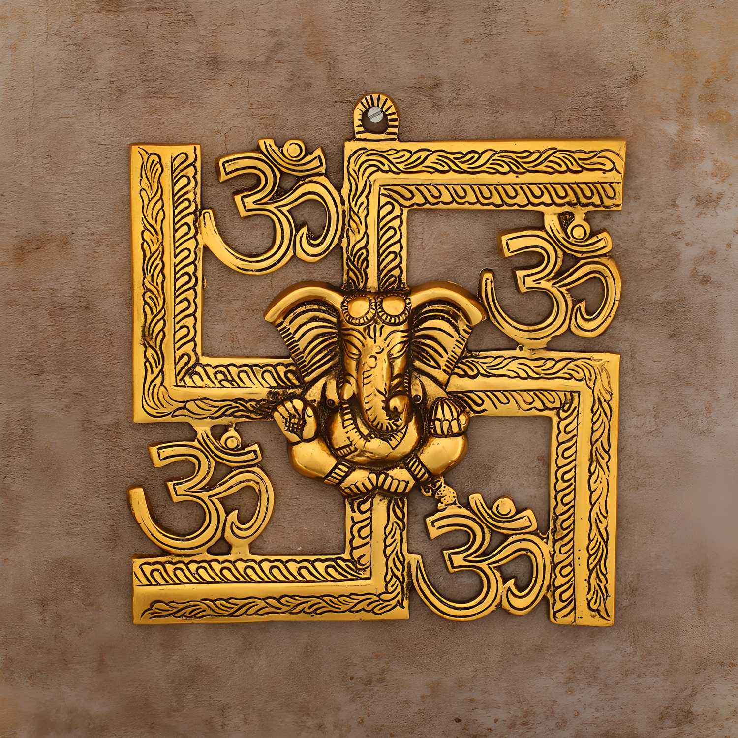 Lord Ganesha on Om Swastik Golden Wall Hanging