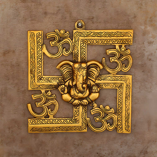 Lord Ganesha on Om Swastik Golden Wall Hanging