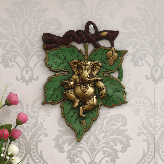 Golden Lord Ganesha on Green Leaf Wall Hanging