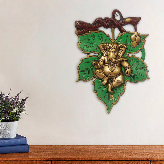 Golden Lord Ganesha on Green Leaf Wall Hanging