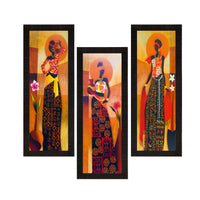 Set Of 3 Tribal Village Ladies Art Painting