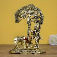 Lord Krishna playing Flute under Tree with Golden Cow and Calf