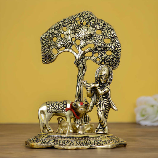 Lord Krishna playing Flute under Tree with Golden Cow and Calf