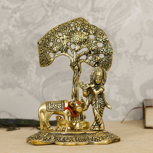 Lord Krishna playing Flute under Tree with Golden Cow and Calf